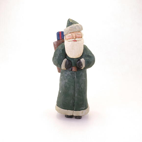 Lancy Smith Green & White Carved Wood Folk Art Santa Figurine Signed 8.4